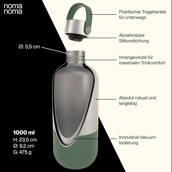 Пляшка для пиття noma noma ізольована пляшка з нержавіючої сталі 1 л герметична пляшка-термос 500 мл, 750 мл і 1 л вакуумна пляшка для вуглекислого газу кліматично нейтральна та без BPA Smoothie Green 1000 мл Smoothie Green