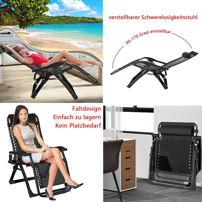 Розкладний шезлонг для саду та відпочинку на природі – ідеальний вибір для кемпінгу та відпочинку. Максимальне навантаження: 200 кг, колір: чорний, висота спинки: 72 см.