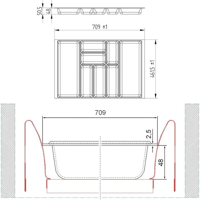 Лоток для столових приборів ORGA-BOX 2 46709мм антрацит, полотняна структура, висувна шухляда 80 мм Nobilia до 07/2012 (ПЕРЕВІРТЕ, БУДЬ ЛАСКА)