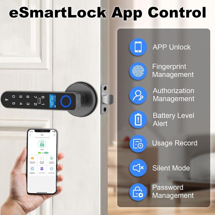 eLinkSmart Замок для дверей з відбитком пальця, RFID-карта, NFC, Smart-ручка, цифровий, без ключа, з клавіатурою, режим приватності для спальні, eSmartLock App, чорний