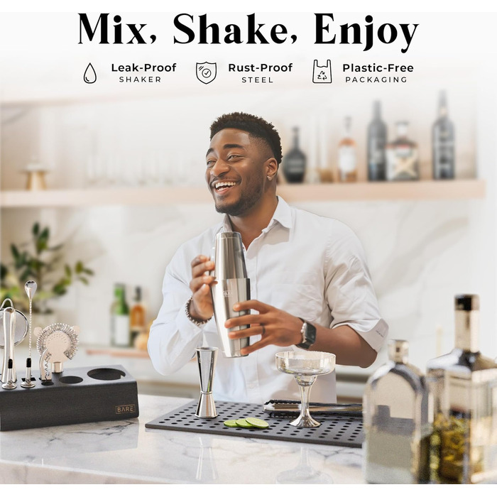 Набір бармена Pro Mixology: 14 предметів, Boston Shaker 28oz, бамбуковий підставник, рецепти коктейлів. Ідеальний подарунок для дому.