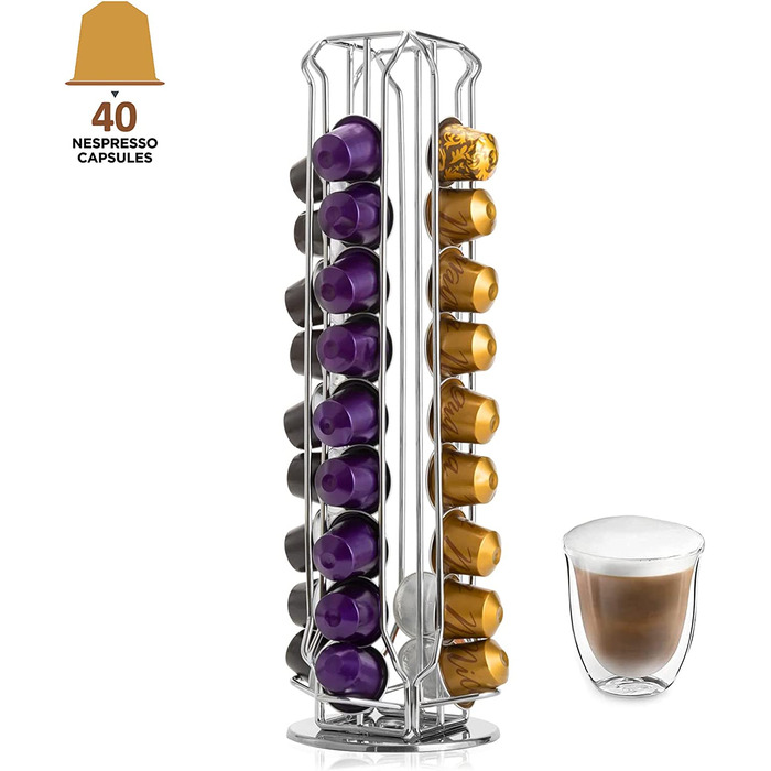 Тримач капсул MaxMiuly поворотний для кавових капсул Nespresso, дозатор капсул обертається для 40 капсул OriginalLine, підставка для кавових капсул аксесуари чорний міцний (світло-сріблястий 40)
