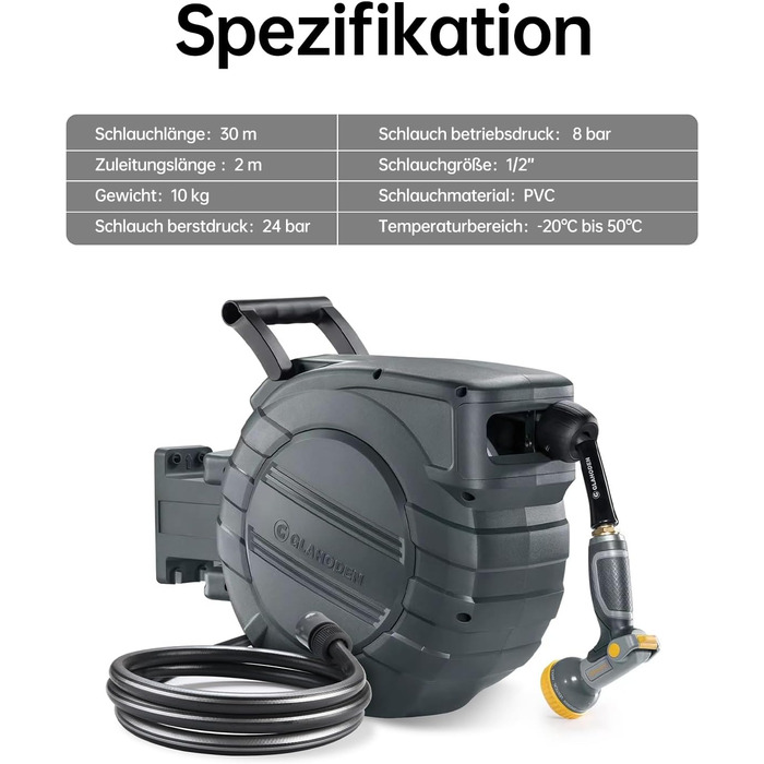 Шланговий барабан GLAHODEN з шлангом для саду 40 м + 2 м, стійкий до сонця та морозу, поворотний на 180°, настінна шланговий бокс з 9-функціональною розпилювальною насадкою (30 м)