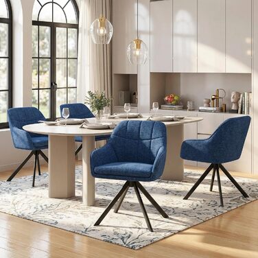 Обідні крісла поворотні, сірі, з підлокітниками, 6 шт. М'які крісла для кухні та вітальні з металевими ніжками, з тканини (темно-синій льон)