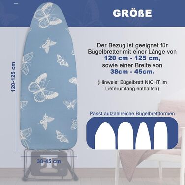 Чохол для прасувальної дошки з товстим шаром, 120x40/125x45 см, еластична стрічка, липучки, сумісний з прасувальними столами, для парогенераторів