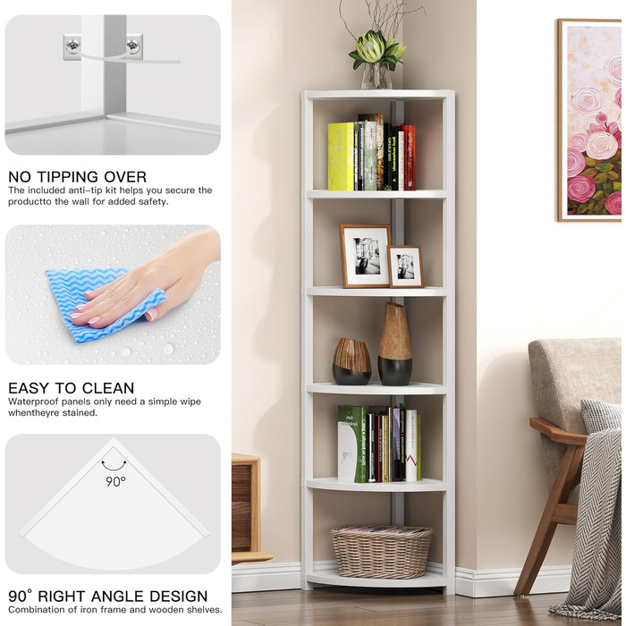 Стеллаж кутовий SoGESFurniture з 6 полицями, стелаж-лесенка, полиця для зберігання, полиця для квітів у вітальню, спальню, офіс, індустріальний дизайн, 34x34x165 см (Білий)