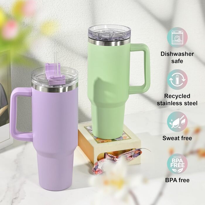 Термокружка FECBK з трубочкою та ручкою 1,2L, 100% захист від протікання, нержавіюча сталь, вакуумна ізоляція, тримає 12 годин гарячим / 34 години холодним, Gepard (Bubble Gum)