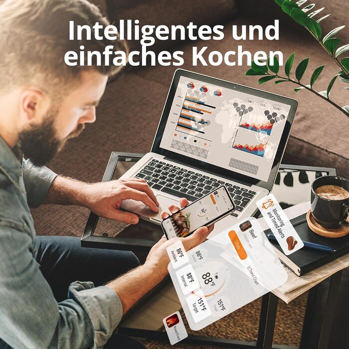 Бездротовий термометр для м'яса з Bluetooth, дальність 150м, IP67, з рецептами, для приготування, гриля та BBQ, INT-11XB