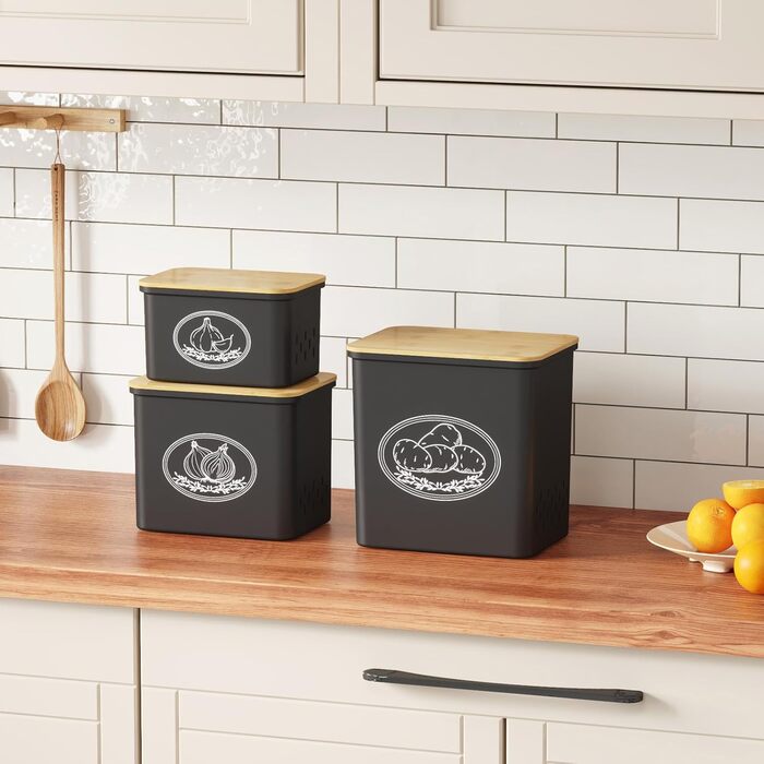 Набір контейнерів для зберігання картоплі, цибулі та часнику Lifewit (3 шт) - чорний, з вентиляцією, великий об'єм