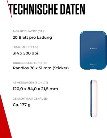 Canon Zoemini 2 Marineblau: Міні-принтер для фотографій, мобільний, компактний, з вбудованим акумулятором. Друкує фото 5x7,6 см зі смартфону/планшету. У комплекті: 20 шт. Zink паперу та 10 шт. круглих наліпок.