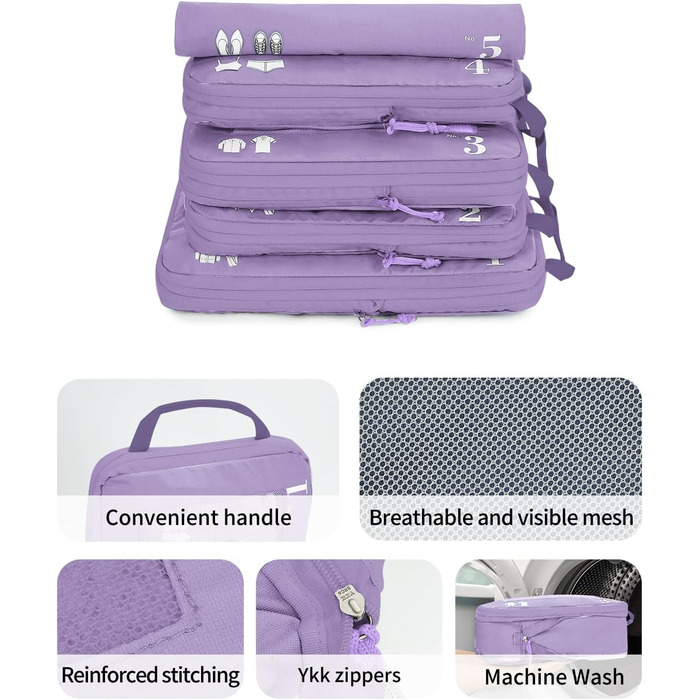 Набір органайзерів для валізи та рюкзака ECOHUB, компресійні пакувальні куби для одягу, 5 предметів (світло-фіолетовий)