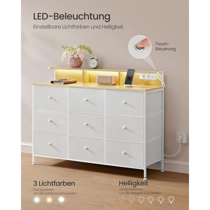 SONGMICS Комод з 9 висувними ящиками та LED-підсвічуванням, з розеткою, сталевий каркас, 33,5 x 114 x 84 см, для спальні/вітальні, білий, LTS519W02