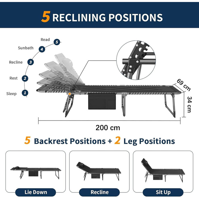 Розкладне ліжко для кемпінгу UDPATIO: зручне ліжко для відпочинку на природі, регульована спинка, з матрацом, чорний колір
