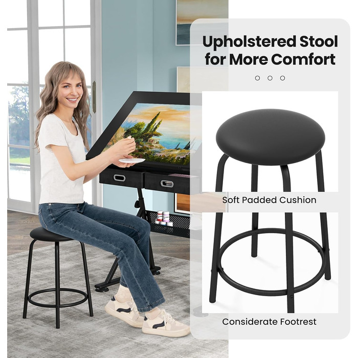 Регульований стіл FANTASK для архітекторів та художників з нахиленою стільницею, 2 ящиками та табуретом (Чорний)