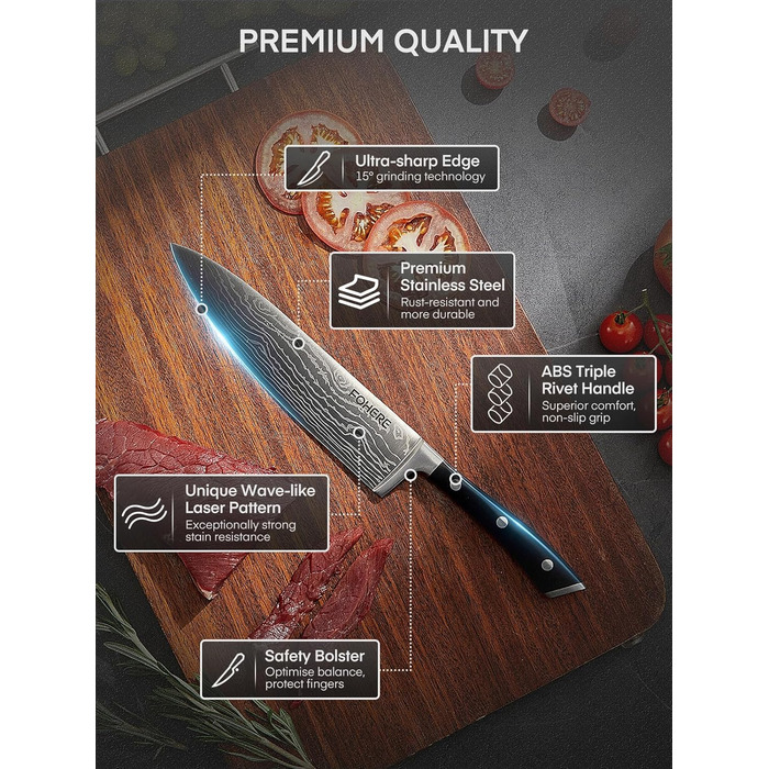 Набір ножів FOHERE 7 предметів: кухонний, для хліба, овочевий, з точилкою та магнітним блоком з нержавіючої сталі та дерева