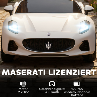 Дитячий електромобіль Maserati, 2 місця, акумулятор 12V, пульт дистанційного керування, світлодіодні вогні, музична панель, білий