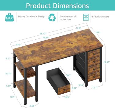 Комп'ютерний стіл Lufeiya з 4 шухлядами та полицями для зберігання, сучасний, простий дизайн, для дому, офісу, спальні, для студентів, ПК, 119,4 см, коричневий