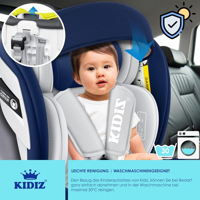 Автокрісло KIDIZ® i-Size ECE R129 для дітей 0-12 років (0-36 кг) з обертанням 360°, Isofix, Top Tether, 5-точкова система безпеки, сонцезахист (Navyblue)