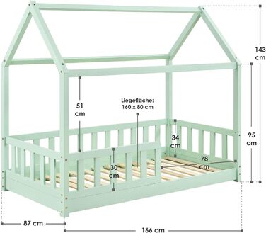 Дитяче ліжко Juskys Marli 80 х 160 см із захистом від падіння, рейковим каркасом та дахом - Дитяче ліжко-будиночок з масиву дерева - Ліжко в (М'ята)