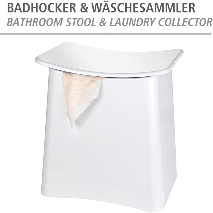 WENKO 2в1 пуф-кошик Wing Білий - для збору білизни, табурет для ванної кімнати з винімним мішком для білизни, об'єм 33 л, пластик (ABS), 45 x 48 x 33 см, білий