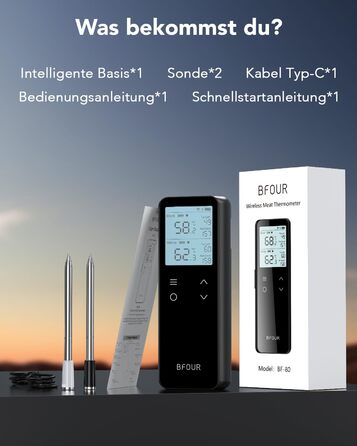 Бездротовий термометр для м'яса BFOUR BF-80 з Bluetooth та Wi-Fi, 2 зонди, 6 сенсорів, IP67 водонепроникний, сенсорне управління, APP-керування, термометр для приготування BBQ, духовки та гриля