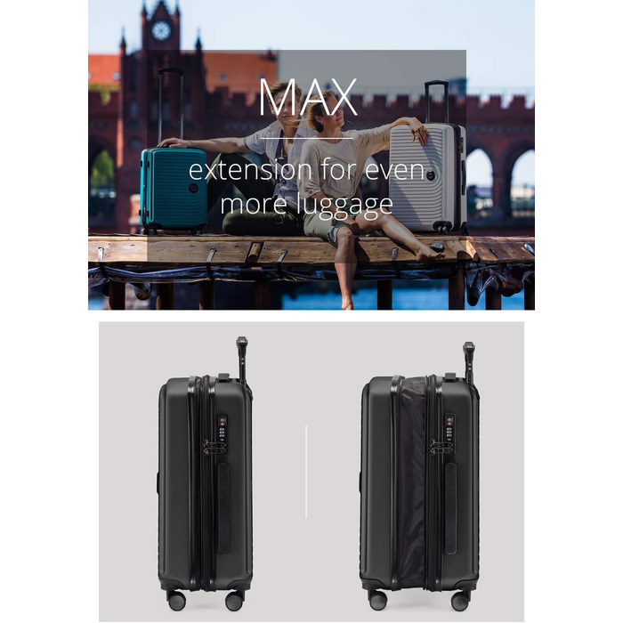 Чемоданний набір Hauptstadtkoffer Mitte - 3 шт. + електронний багажний брелок - дорожні валізи 55/68/77 см + брелок для чемодана з QR-кодом, 4 подвійні колеса, жорсткий корпус ABS, XL розширення об'єму, TSA, (Чорний, 55 см)