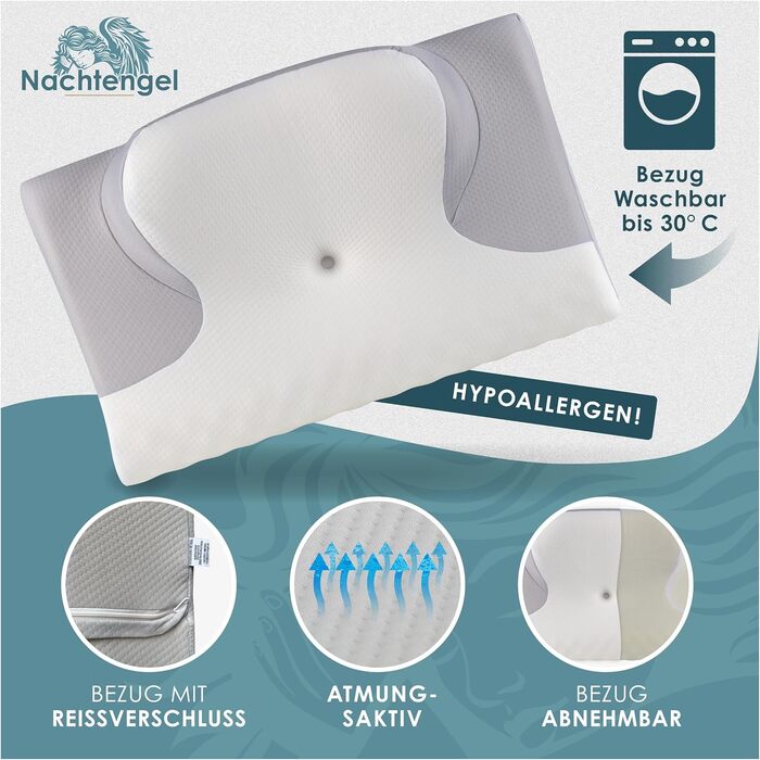 Ортопедична подушка Nachtengel – ергономічна подушка для шиї з Memory Foam, проти хропіння, підтримка шиї для тих, хто спить на спині, животі та боці, біла та сіра
