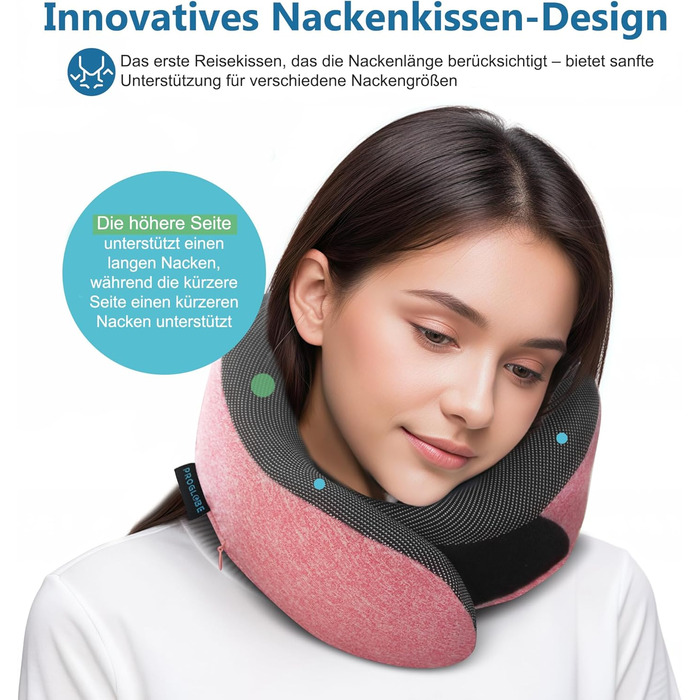 Подушка для шиї Proglobe, 100% Memory Foam, ортопедична, для подорожей (літак, авто, поїзд), з маскою для сну, сітчаста сумка (рожева)
