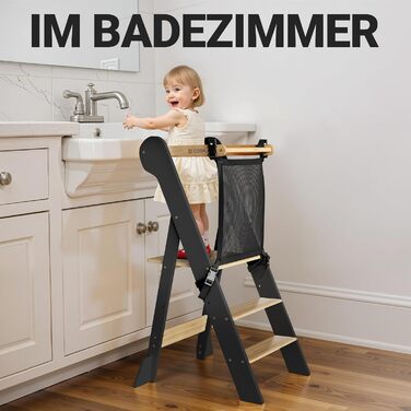 COSYLAND Монтессорі навчальний столик-сходинка для дітей від 1 року, регульована висота, складаний | Навчальний столик-сходинка для кухні | Темно-сірий-натуральний | COSYLAND