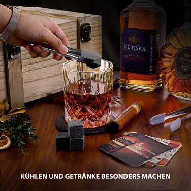 Подарунковий набір для віскі: 2 склянки 300 мл, 8 гранітних каменів для охолодження, 2 підставки, пінцет, рецепти коктейлів, дерев'яна коробка. Ідеальний подарунок чоловікові, татові на Різдво/День народження