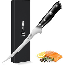 Набір кухонних ножів Paudin 7 предметів з дерев'яним блоком, професійний набір ножів для кухні, з високоякісним лезом та ABS ручками (рибний ніж)