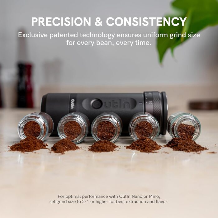 Портативна електрична кавомолка OutIn Fino з конічним жорнами - 28 ступенів помолу, конус з нержавіючої сталі, однокнопкове управління, швидка зарядка, для подорожей та дому (пісочний колір)