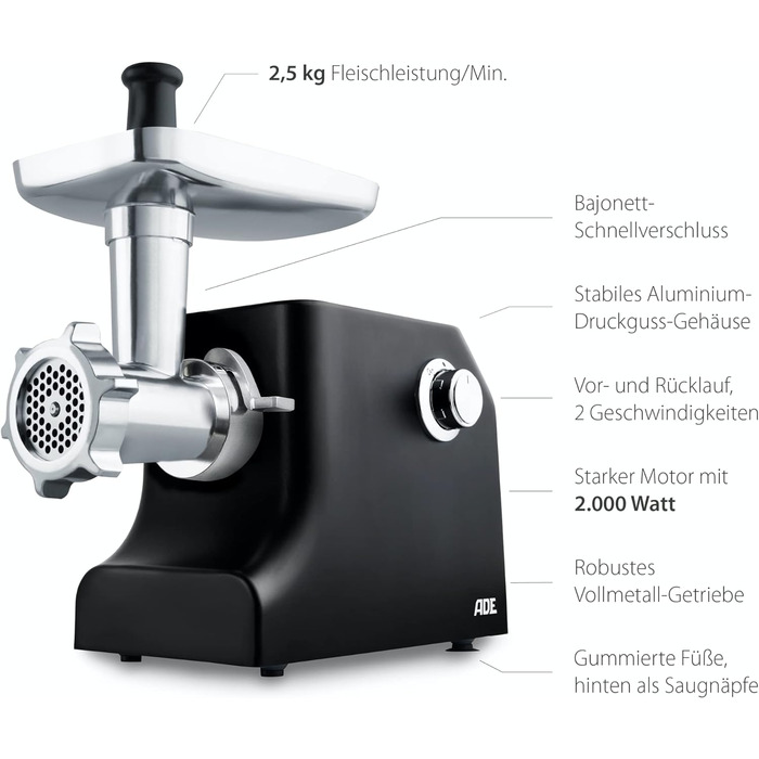 Електрична м'ясорубка ADE Ідеально підходить для фаршу, ковбаси, кеббе з начинкою для ковбаси 3 перфоровані диски з нержавіючої сталі для дрібного, середнього, грубого помелу 2,000 Вт Сертифікація GS чорний