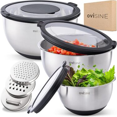 Набір мисок Roumare з нержавіючої сталі | 3 шт. | ⌀ 24, 20, 16 см | Миски для змішування, салатники | Кухня | Нековзний дно | 1,0л - 2,5л - 4,5л | З аксесуарами