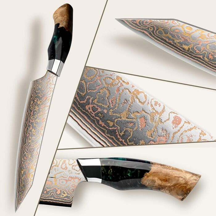 Ніж кухарський SHAN ZU з дамаської сталі з мідним лезом, ручне кованість, японський ніж, 33 шари дамаської сталі, професійний ніж для кухні 20 см, серія VENUS, ніж кухарський з міддю 20 см