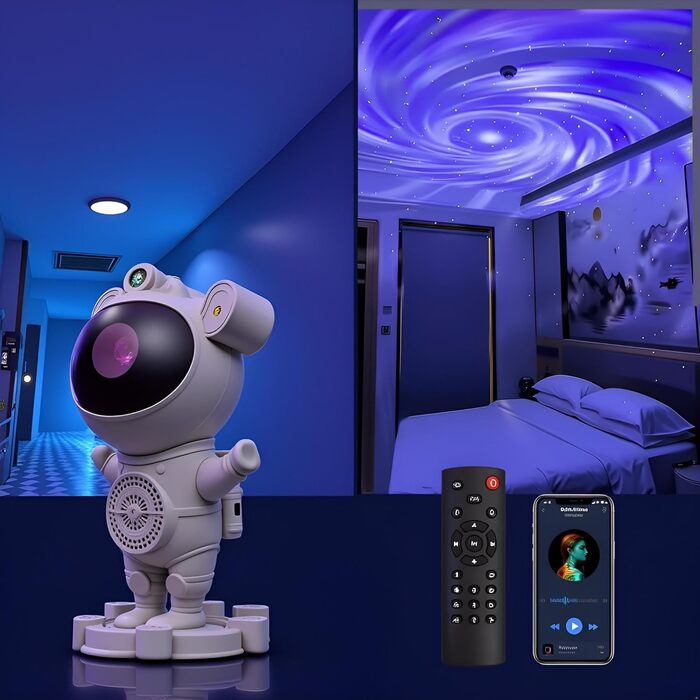 Нічник-проектор «Астронавт» зі звездним небом та галактикою, Bluetooth-динамік, білий шум, дистанційне керування та таймер, змінює кольори, 360° обертання, подарунок для дітей та дорослих