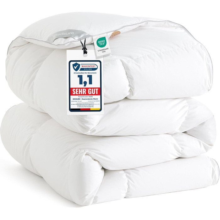BEDSURE Пухова ковдра 155x220 см - тепла зимова ковдра з 90% пуху та 10% пера, 1080 г наповнювача, сертифікат Öko-Tex, пральна, стегане покриття, білий колір