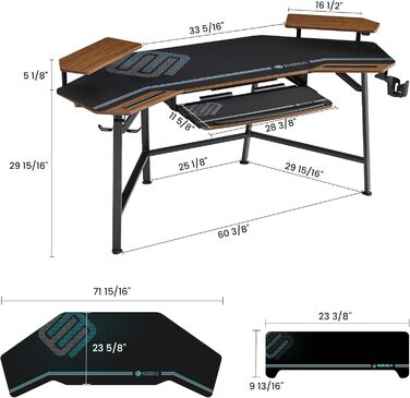 Ігровий стіл EUREKA ERGONOMIC 160x74 см з крилами для геймінгу, PC, Home Office, Live Streaming, 2 слоти для iPad, горіховий колір