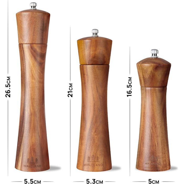 Набір для солі та перцю WALDLAND® з дерева з підставкою (21 см) | Мельниці для спецій з керамічним механізмом | Набір перчниці та солізниці