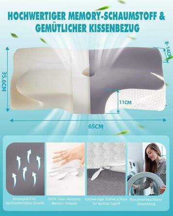 Ортопедична подушка IDEA проти болю в шиї: ергономічна подушка з Memory Foam для сну на боці, спині та животі - для комфортного сну та підтримки шиї (65 x 36 x 11/14 см)