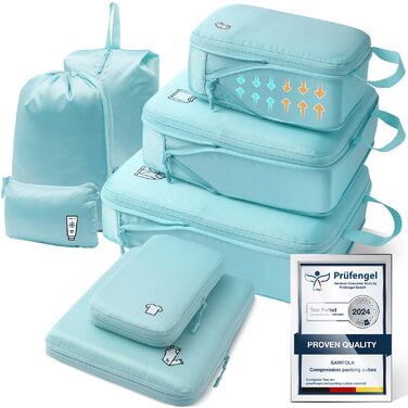 Набір органайзерів для подорожей у валізу з компресією, 8 шт, водонепроникні пакувальні куби для ручної поклажі та рюкзака, світло-блакитний