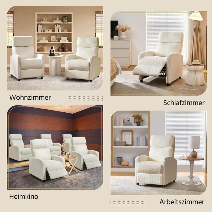 Крісло-релакс Yaheetech для телевізора, крісло-софа, крісло для відпочинку з регульованою підніжкою, лежак з бежевої тканини Cord