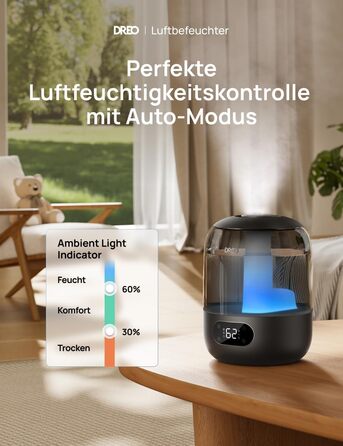 Зволожувач повітря Dreo для спальні, ультразвуковий пристрій холодного туману з 30 годинами роботи, резервуар 3L з верхнім заповненням, датчик вологості, нічне світло для дітей, кімнати, рослин та дому, чорний