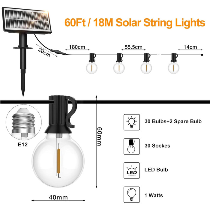 М, 302 світлодіодні лампи G40, водонепроникні, 4 режими, USB, сонячна батарея 18 М, 18