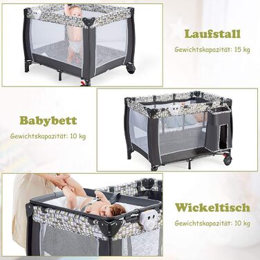 Детское путешествие 102x72 см: складная кроватка-манеж для новорожденных и детей 0-36 месяцев с матрасом, колесиками, москитной сеткой и пеленальным столиком, 3 в 1 (Model 2-gray)