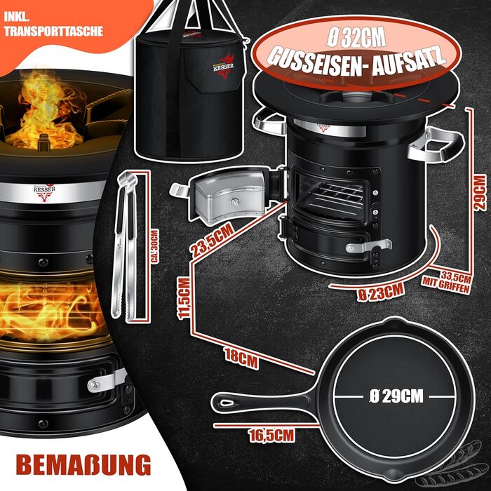 Печь-ракета KESSER® з чавунною сковородою-грилем | з щипцями та сумкою | Dutch Oven з 6 шипами | Дров'яна піч-ракета для BBQ | Кухоль для кемпінгу, відпочинку на природі, грилю | Нержавіюча сталь, чорний/сріблястий