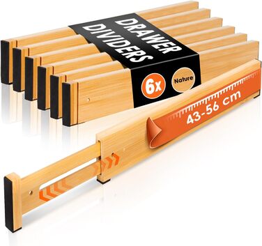 Органайзери для шухляд MUUKAIII: набір 6 шт. з бамбука, регульовані (43-56 см), для кухні та шафи - білий (натуральний)