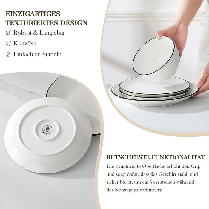 Набір посуду MALACASA LEILA 6 осіб, 24 частини: тарілки, миски, порцеляна, білий з чорним обідком