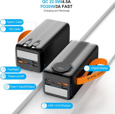 Портативна електростанція QC 22,5 Вт 80000 мАг, швидка зарядка Power Bank типу C PD 20 Вт, сумісна з телефоном (чорний)