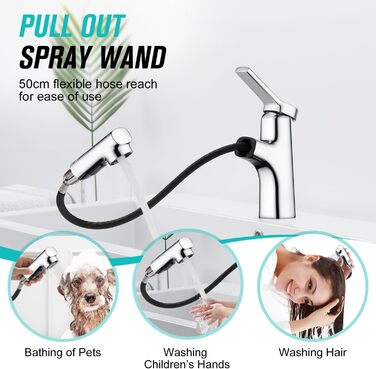 Сучасний змішувач для ванної кімнати CREA з висувною лійкою, 2 режими струменя, з міді, хром, для умивальника